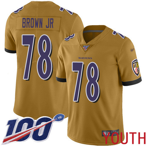 Baltimore Ravens Limited Gold Youth Orlando Brown Jr. Jersey NFL Football #78 100th Season Inverted Legend->youth nfl jersey->Youth Jersey